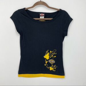 Harley-Davidson‎ Embroidered T shirt Ladies Sz S Black/Yellow crop top
